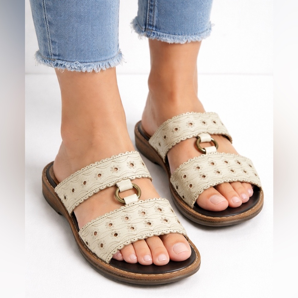 Rieker Size 40 Cream Leather Comfort Sandals Floral Cutout